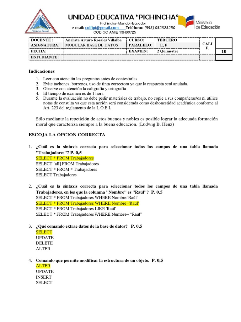 Examen SQL y Modelado de Bases de Datos | PDF | SQL | Bases de datos