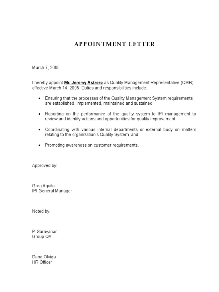 Iso 9001 management representative appointment letter example