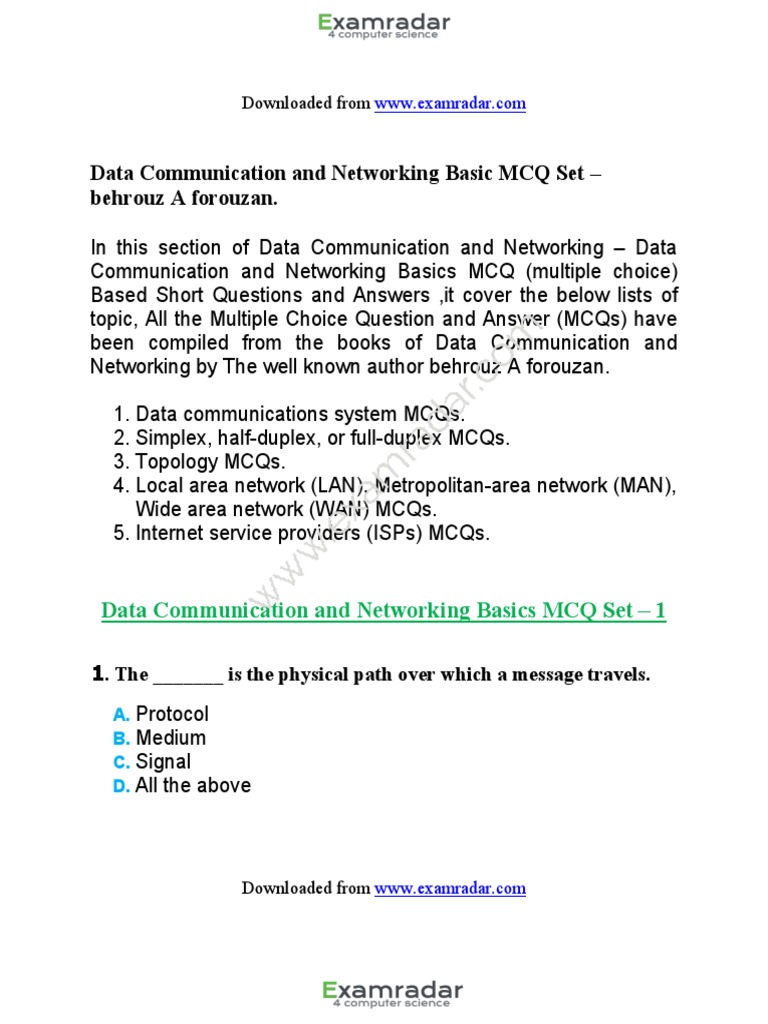 Data Communication and Networking Basic MCQ Set behrouz A forouzan
