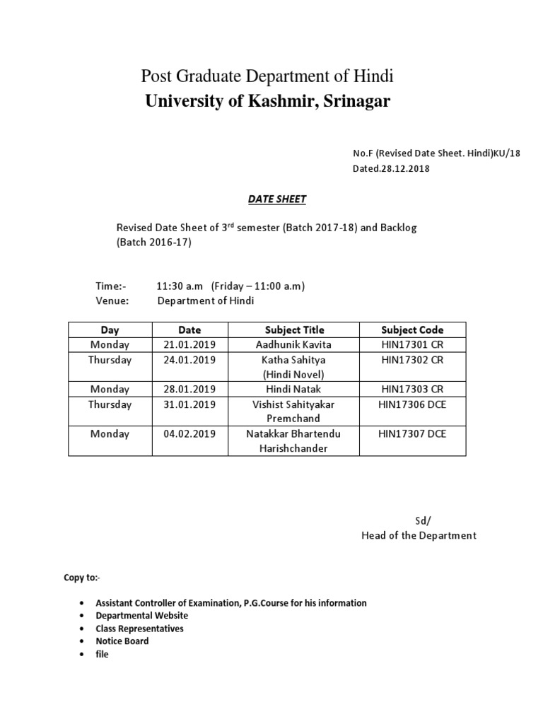 Revised Hindi 3rd Semester Date Sheet | PDF