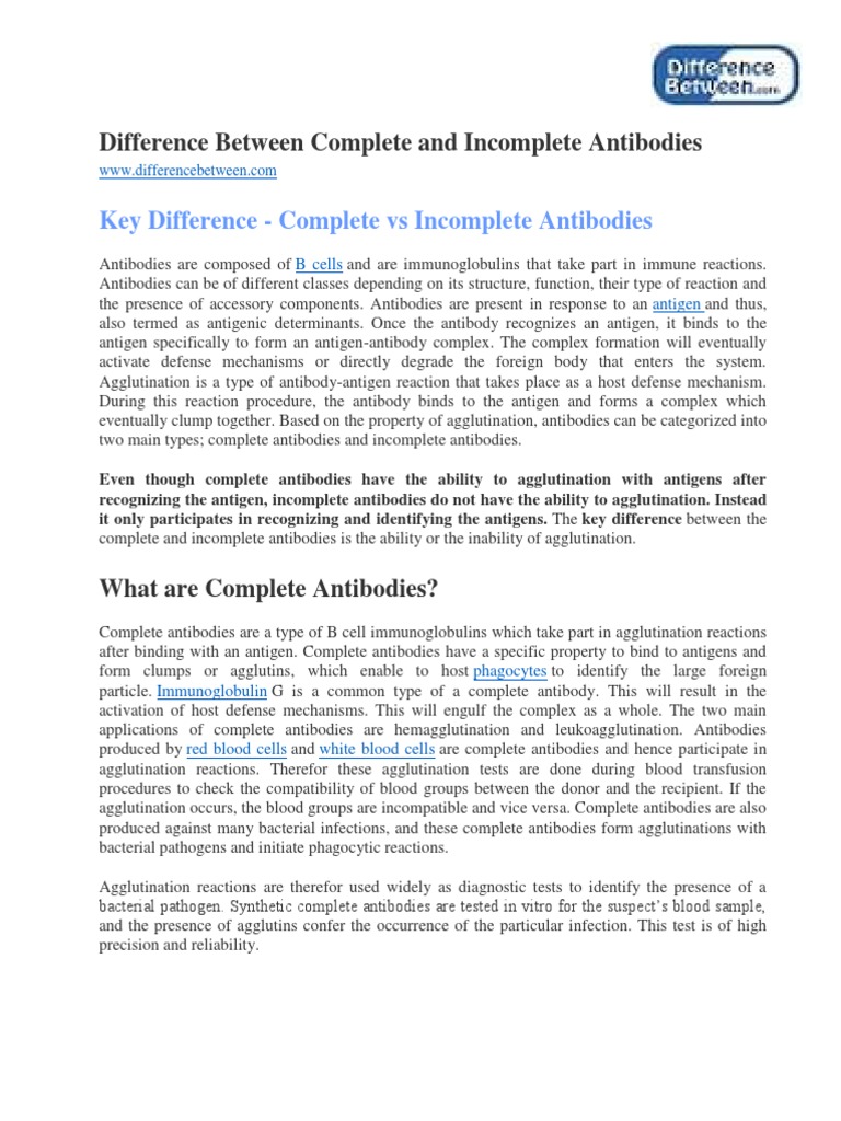 Difference Between Complete and Antibodies PDF Antibody