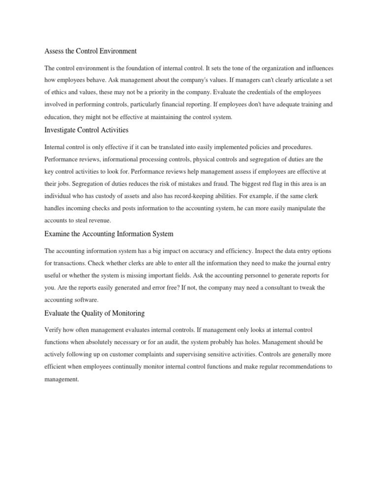 Assess The Control Environment PDF Internal Control Accounting