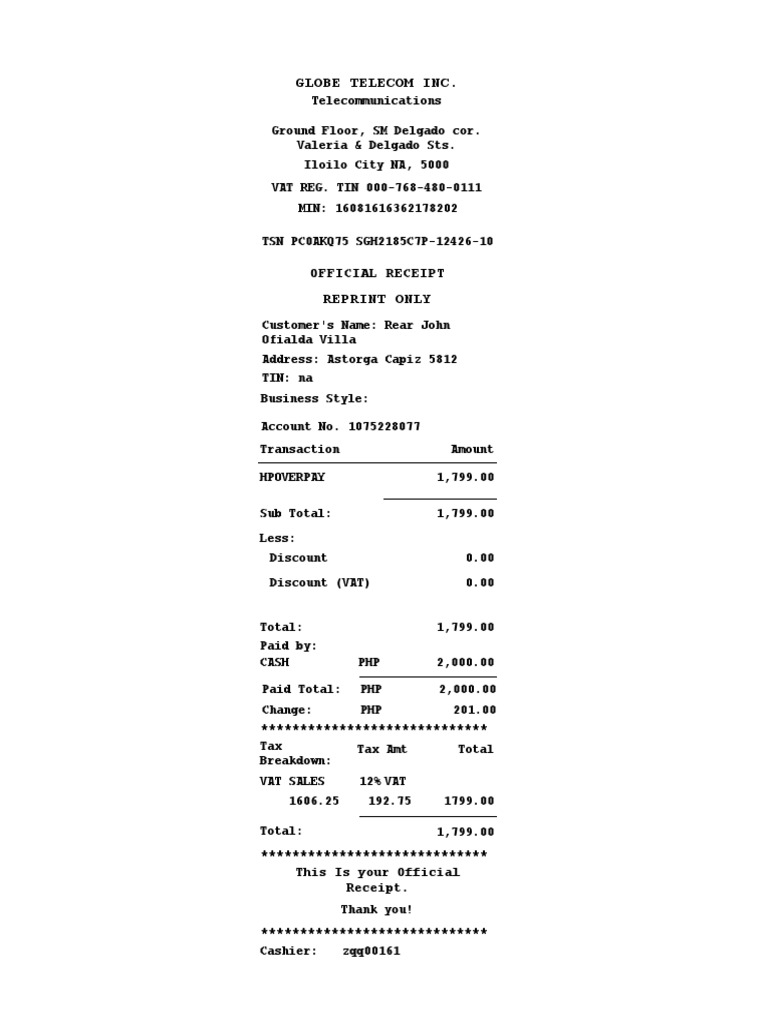 Globe Inc. Official Receipt PDF
