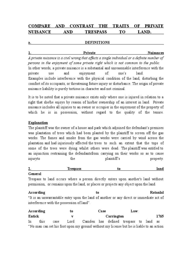Nuisance Vs Trespass To Land Trespass Nuisance
