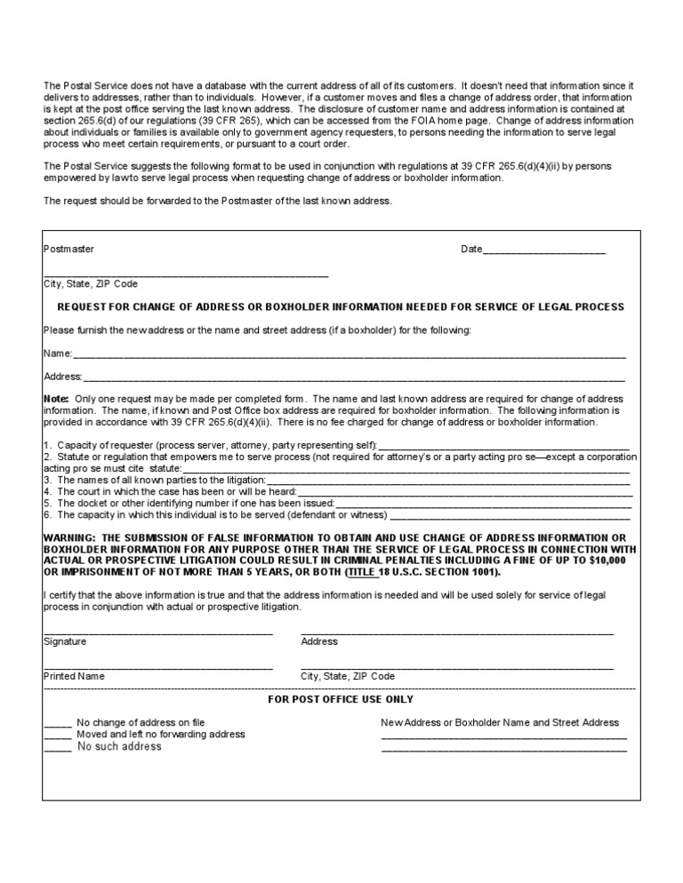 Postmaster Request For Address Change Information | PDF | Service Of ...