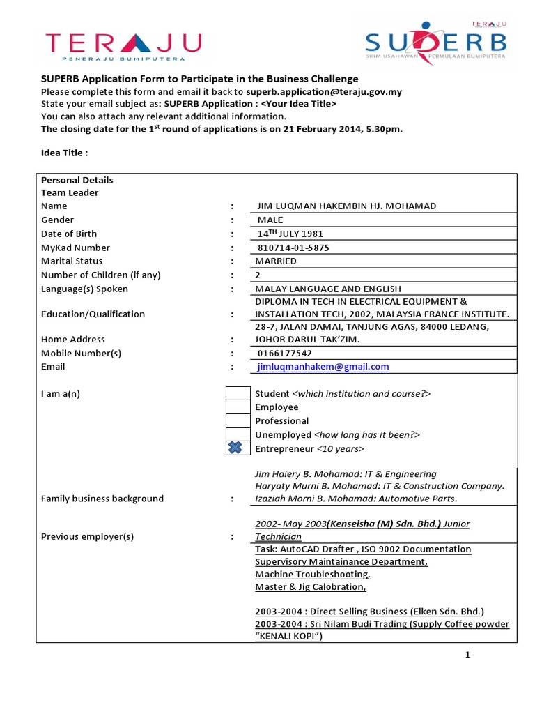 SUPERB Application Form To Participate in The Business Challenge | PDF ...