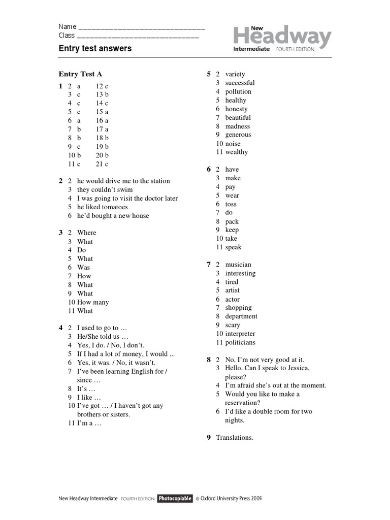 Entry Test Answers for Grades 7-11 | PDF