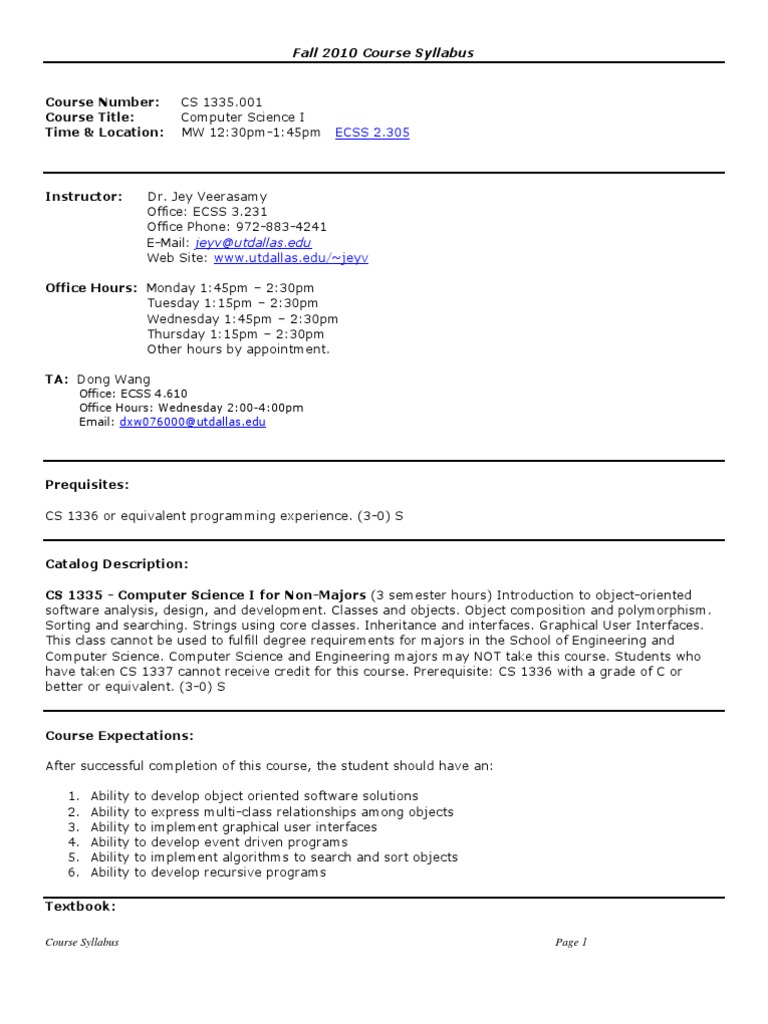 UT Dallas Syllabus For cs1335.001.10f Taught by Jeyakesavan Veerasamy ...