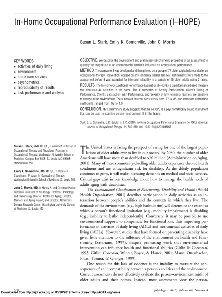 In-Home Occupational Performance Evaluation (I-HOPE) : Susan L. Stark ...