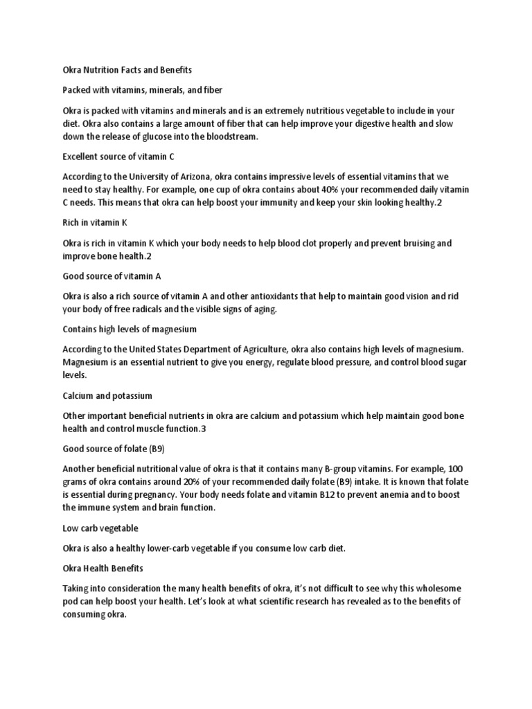 Okra Nutrition Facts and Benefits PDF Nutrients Nutrition