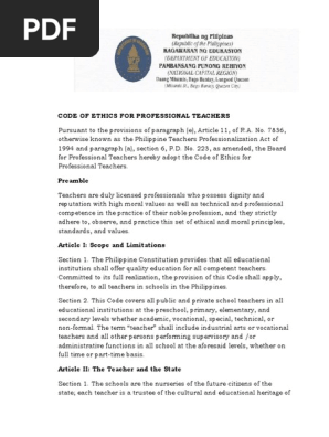 Code Of Ethics For Professional Teachers Pdf Profession Teachers