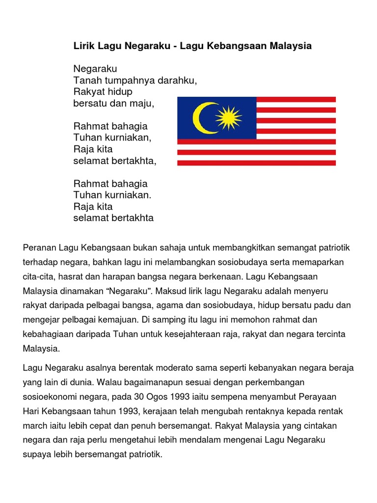 Lirik Lagu Negaraku Lagu Kebangsaan Malaysia