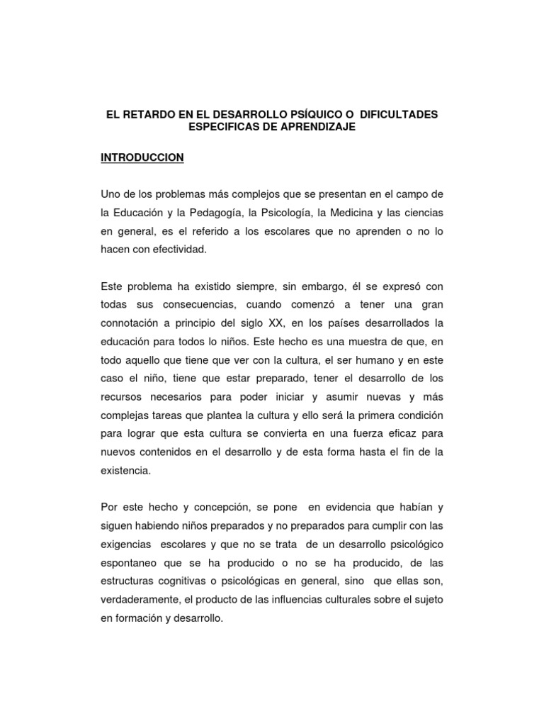 El Retardo en El Desarrollo Psiquico o Aprendizaje PDF Psique
