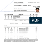 Boleta de Matricula Y Horario 2019-1 Duplicado: Universidad Nacional de Ingenieria