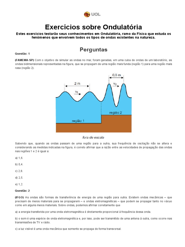 Exercícios de Ondulatória I - Brasil Escola | PDF | Ondas | Frequência