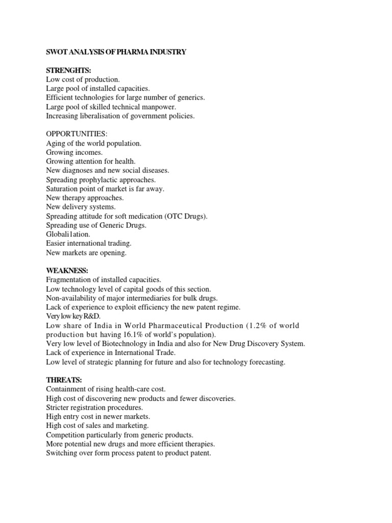 Swot Analysis of Pharma Industry Strenghts | PDF | Self-Improvement