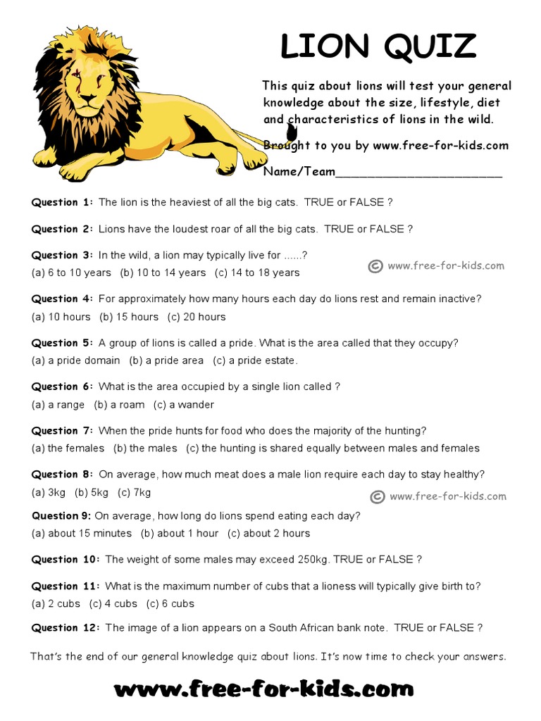 Lion Quiz Lion Nature