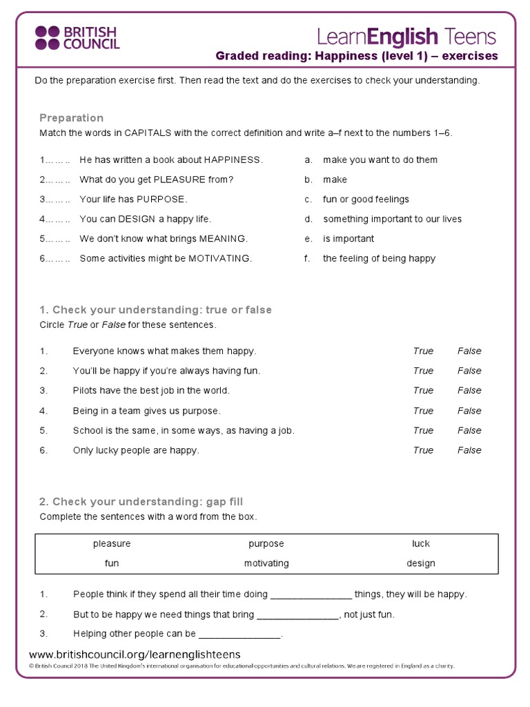 Happiness Reading Exercises Level 1 Pdf Vocabulary Behavior