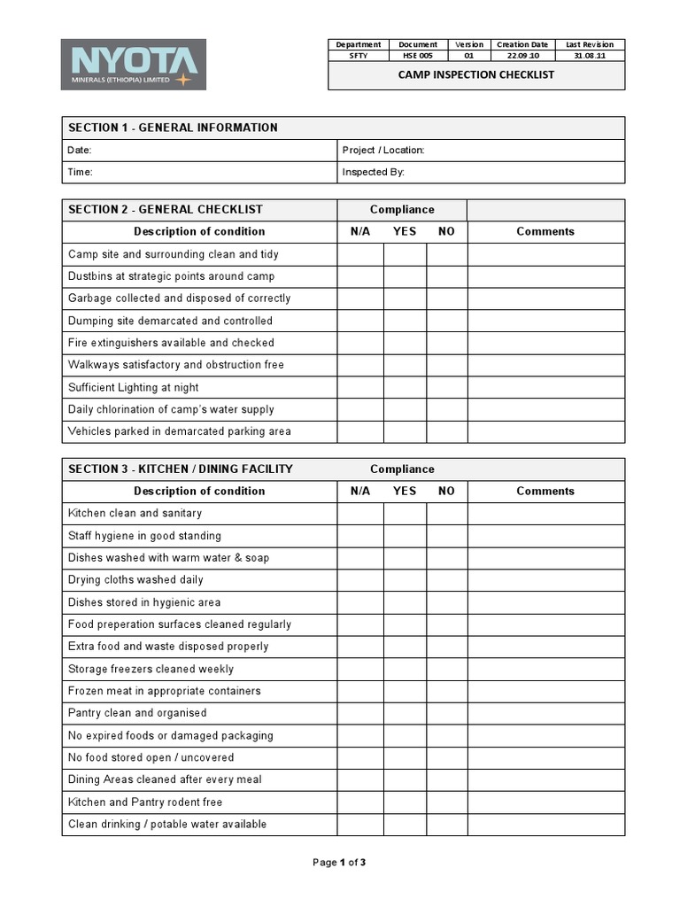 Camp Inspection Checklist Overview | PDF | Hygiene | Home
