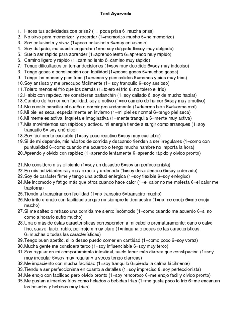 Test Ayurveda DOSHAS PDF Bienestar Medicina