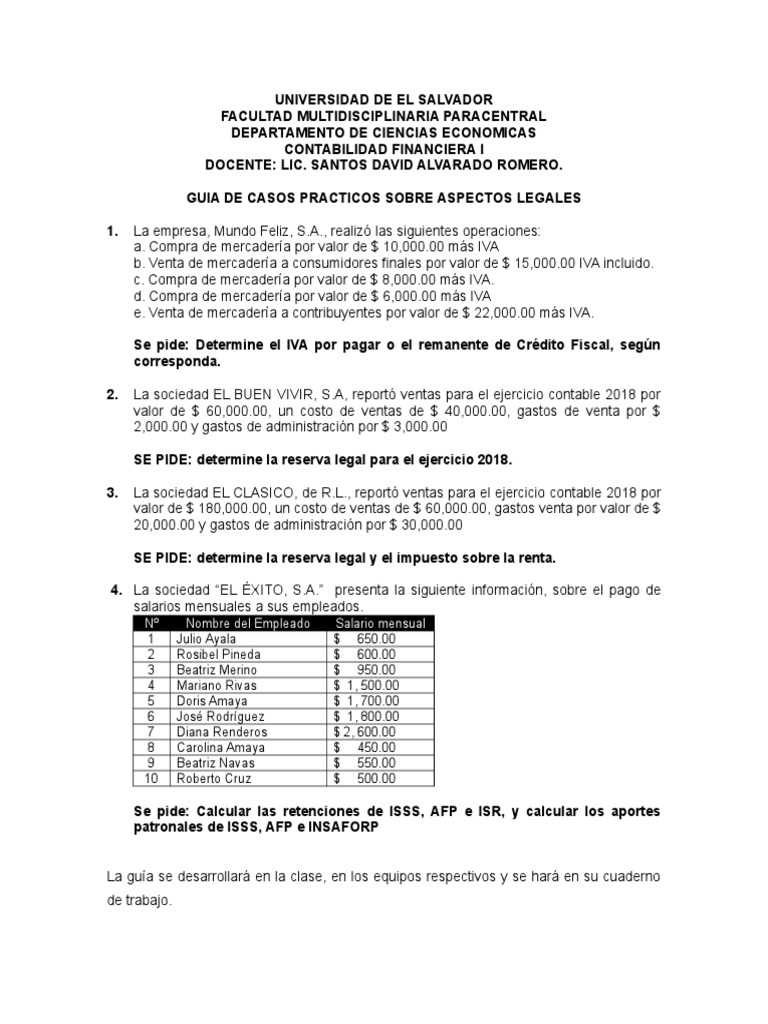 Nº Nombre Del Empleado Salario Mensual Impuesto Al Valor Agregado Contabilidad