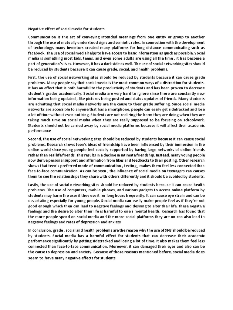 Negative Effects of Social Media on Students | PDF | Social Networking ...