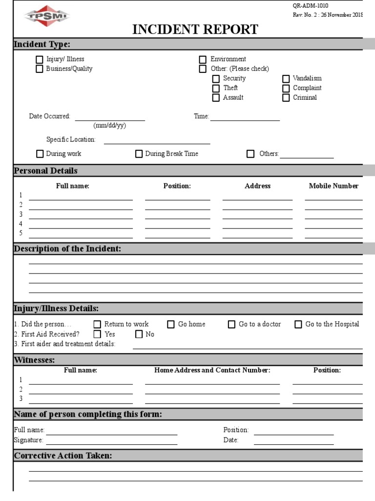 Incident Report Template for Injuries | PDF | First Aid | Crime & Violence