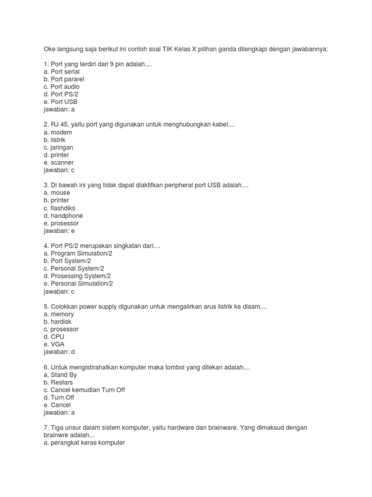 Oke Langsung Saja Berikut Ini Contoh Soal Tik Kelas X Pilihan Ganda Dilengkapi Dengan Jawabannya Docx