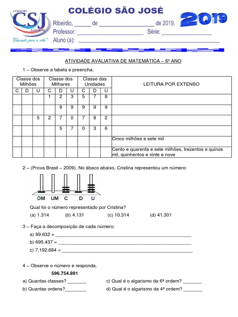Exercicios Sistema De Numeração Decimal 6 Ano Com Gabarito