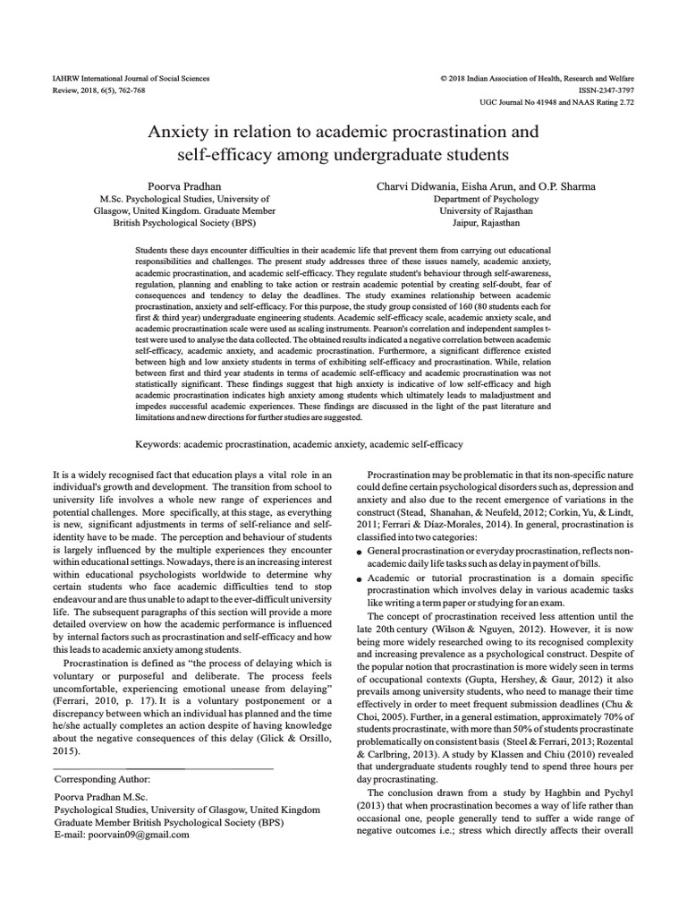 Academic Procrastination, Self Efficacy and Anxiety of Students | PDF ...