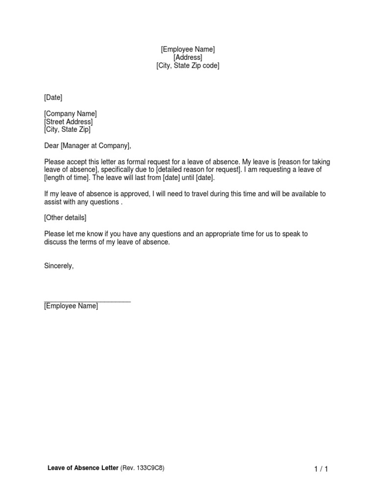 Employee Leave Of Absence Letter