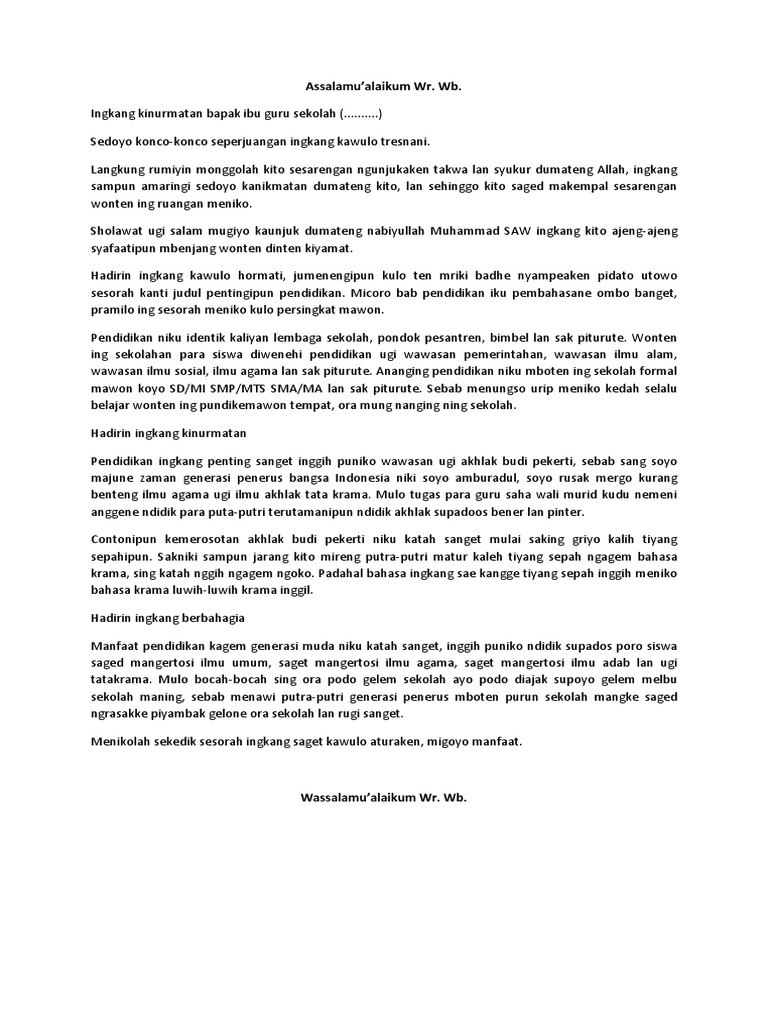 Contoh Pidato Bahasa Jawa Tentang Pendidikan Sesorah Singkat Docx