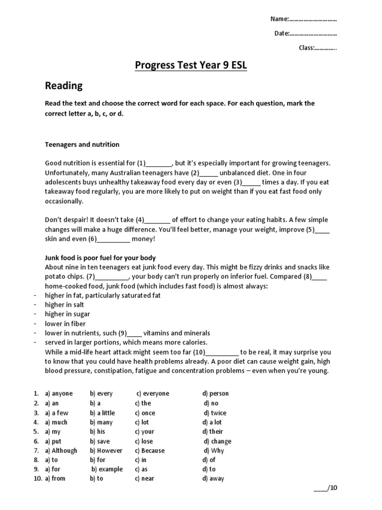 Progress Test Close Up b1 - Unit 2 | PDF | Junk Food | Foods