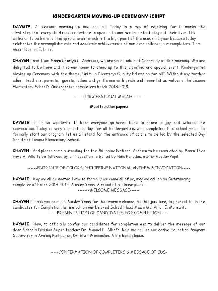 Kindergarten Moving Up Script Pdf