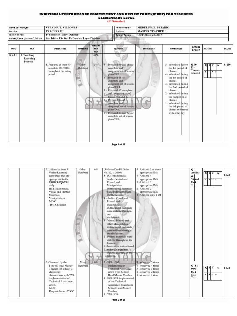 Individual Performance Commitment and Review Form (Ipcrf) For Teachers ...