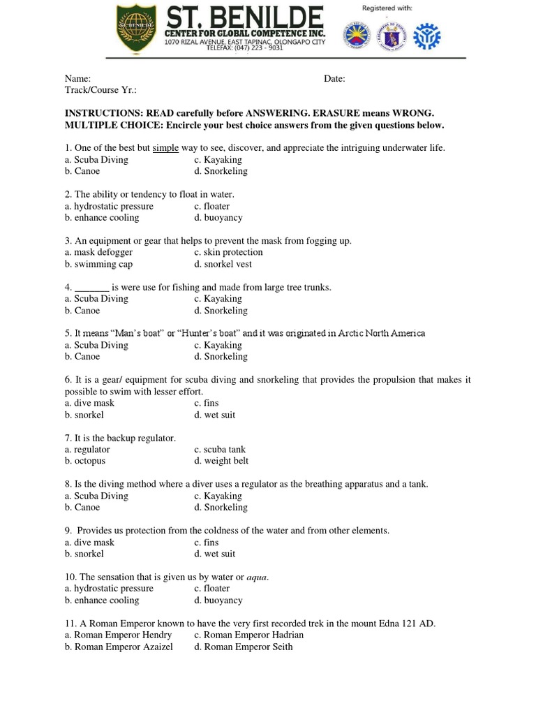 Final Exam For Outdoor PDF Scuba Diving Snorkeling