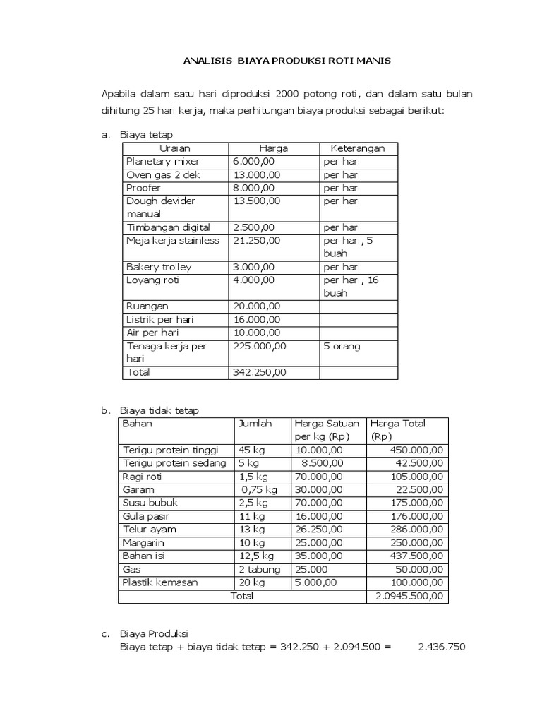 Analisis Biaya Produksi Roti Manis
