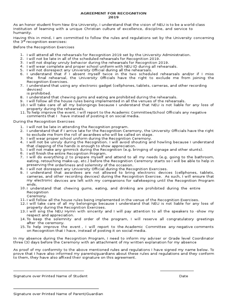 NEU 2019 Honor Student Recognition Agreement | PDF | Career & Growth