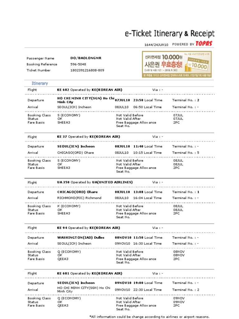 ETicket Itinerary & Receipt Dangerous Goods Baggage