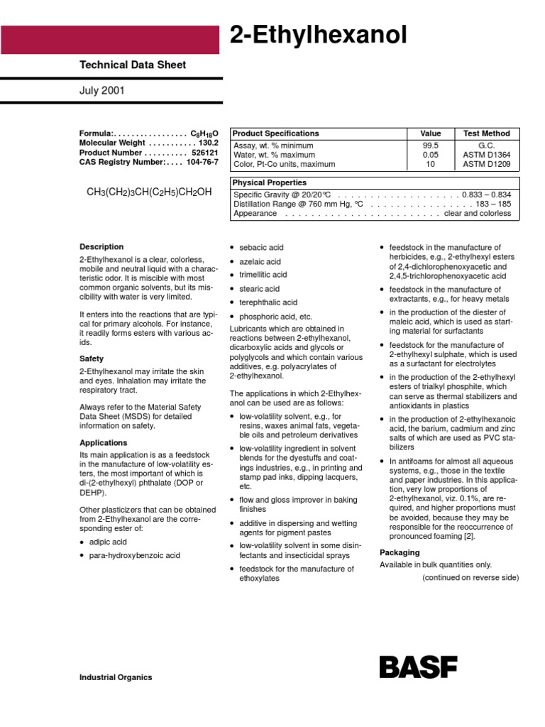 2 Ethhexanol Specifications | PDF | Ester | Plastic