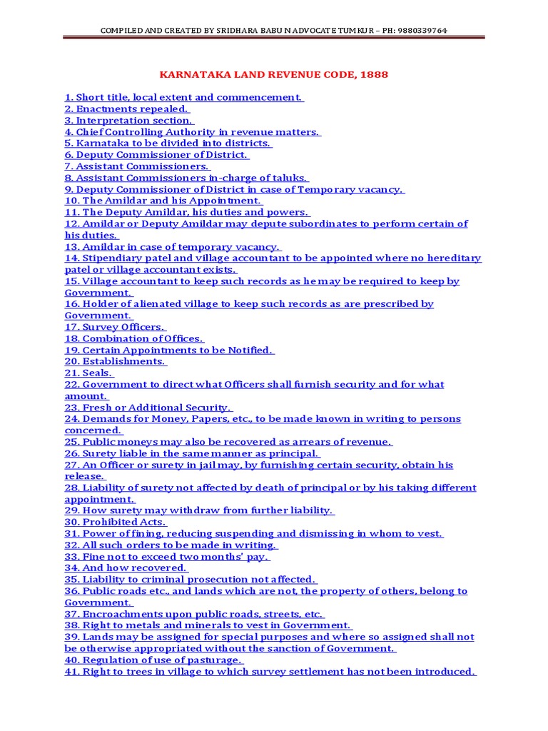 Karnataka Land Revenue Code 1888 | PDF | Leasehold Estate | Lease