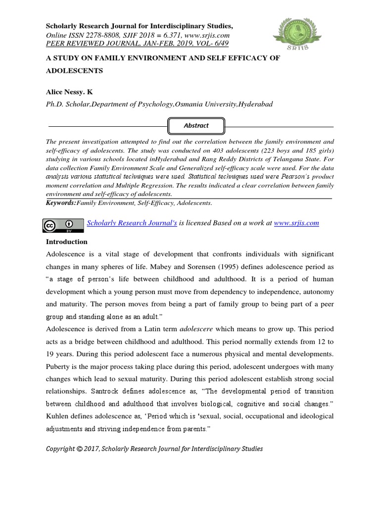 A Study On Family Environment and Self Efficacy of Adolescents | PDF ...