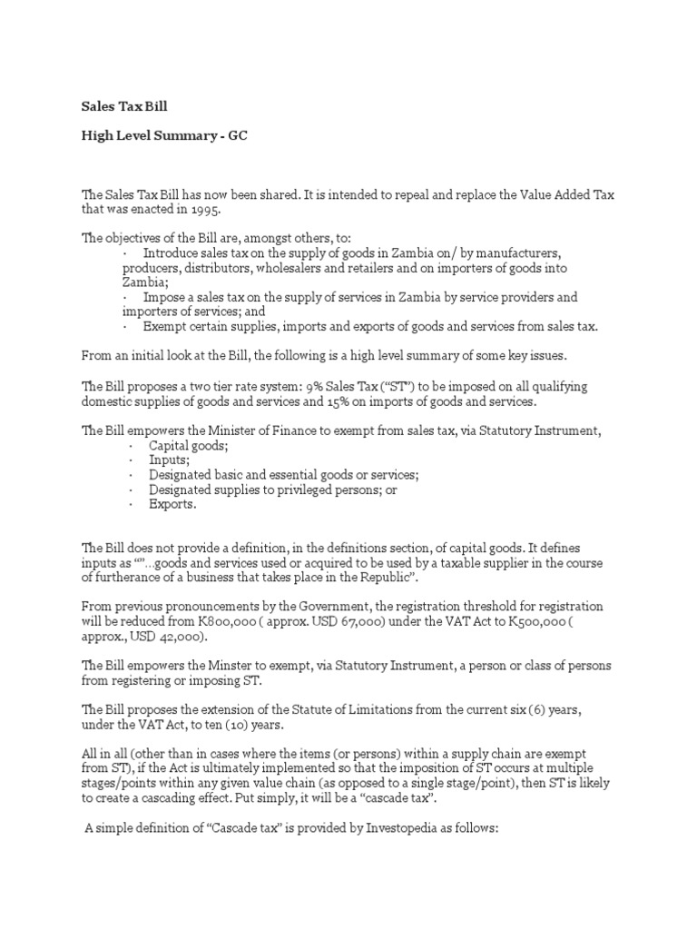 Sales Tax Bill HL Summary GC VFFF Value Added Tax Taxes