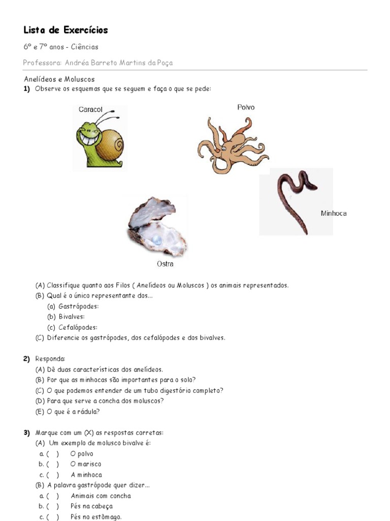 Exercícios sobre Anelídeos e Moluscos | PDF | Estudos de Línguas ...