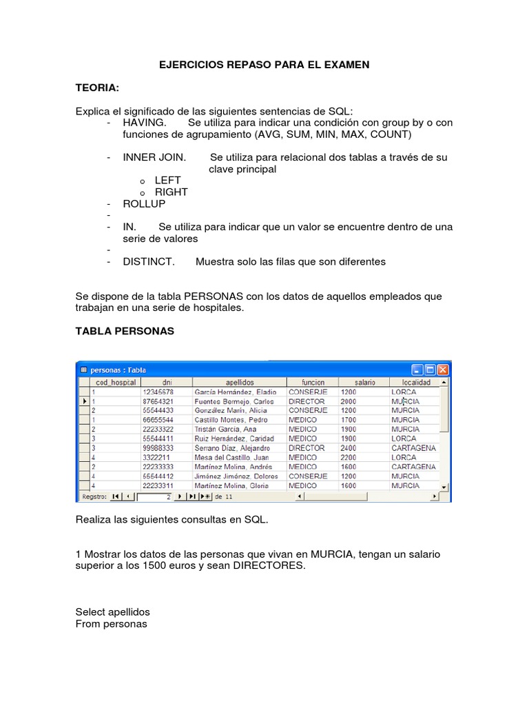 Ejercicios SQL para Practicar | PDF | SQL | Modelado científico