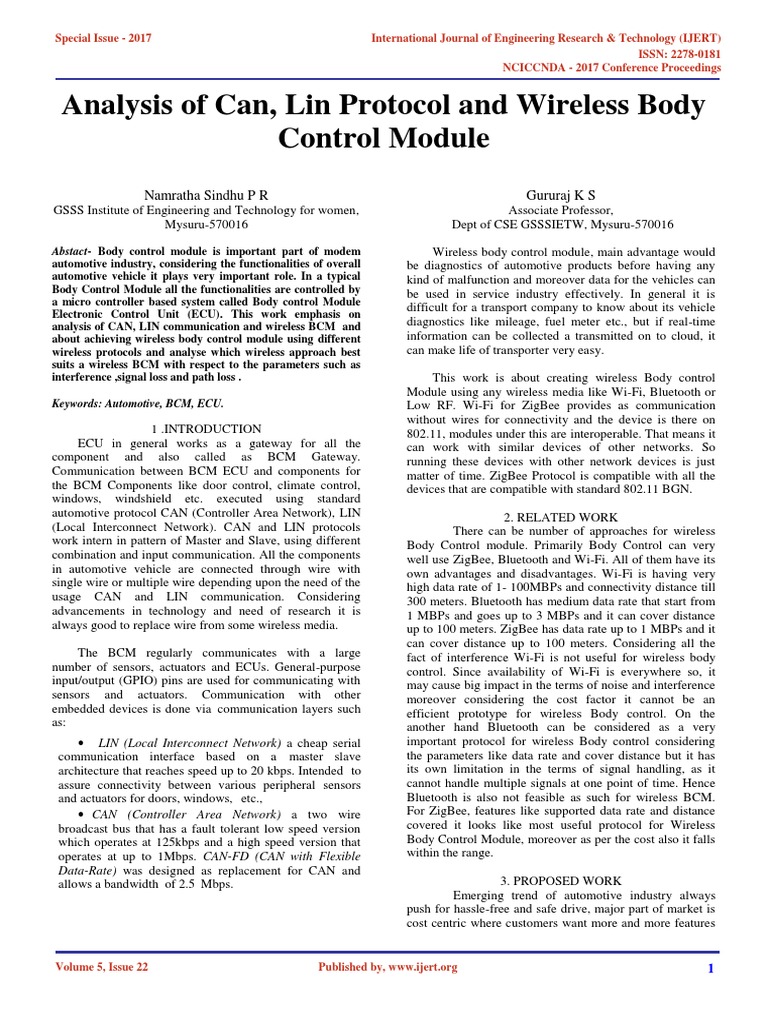 Analysis of Can Lin Protocol and Wireless Body Control Module ...