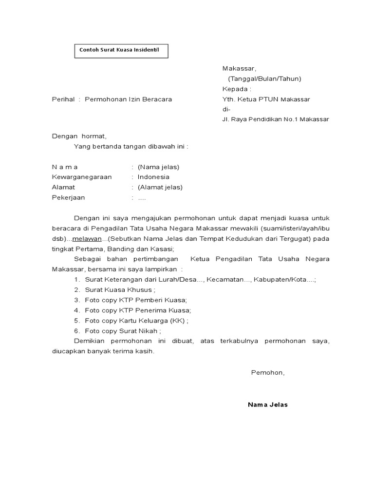Contoh Surat Kuasa Insidentil Dan Surat Permohonan Izin Insidentil Pdf
