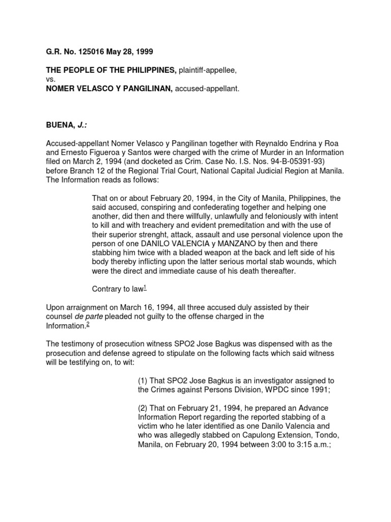 Nomer Velasco: Murder Case Overview | PDF | Witness | Confrontation Clause