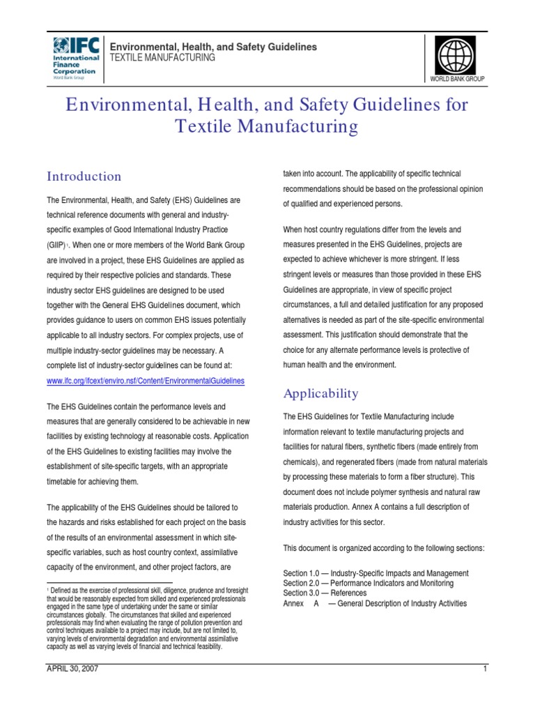 Environmental, Health and Safety Guidelines For Textiles Manufacturing ...