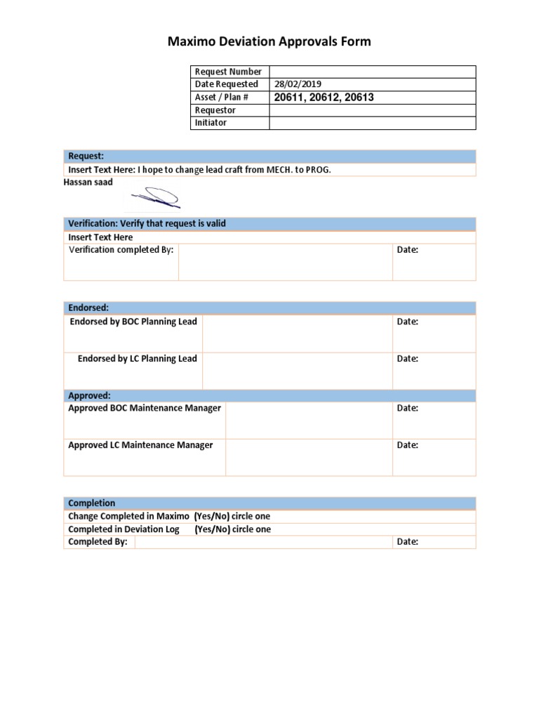 Maximo Deviation Approval Form | PDF